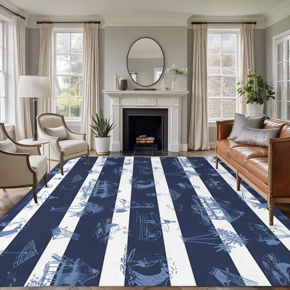Nautical Striped Area Rugs 6'x9', Washable Small Throw Rugs for Kitchen Dining room, Summer Coastal Ocean Navy Blue White Indoor Outdoor Rug Non-Slip Low Pile Carpet Runner Reversible Floor Mats