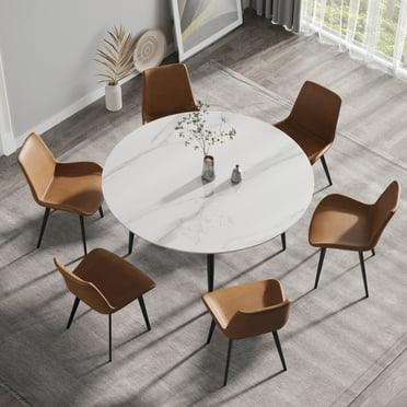 59-Inch Round Marble Dining Table, 6-Person Capacity, White Modern Dining Table with Metal Base for Kitchen