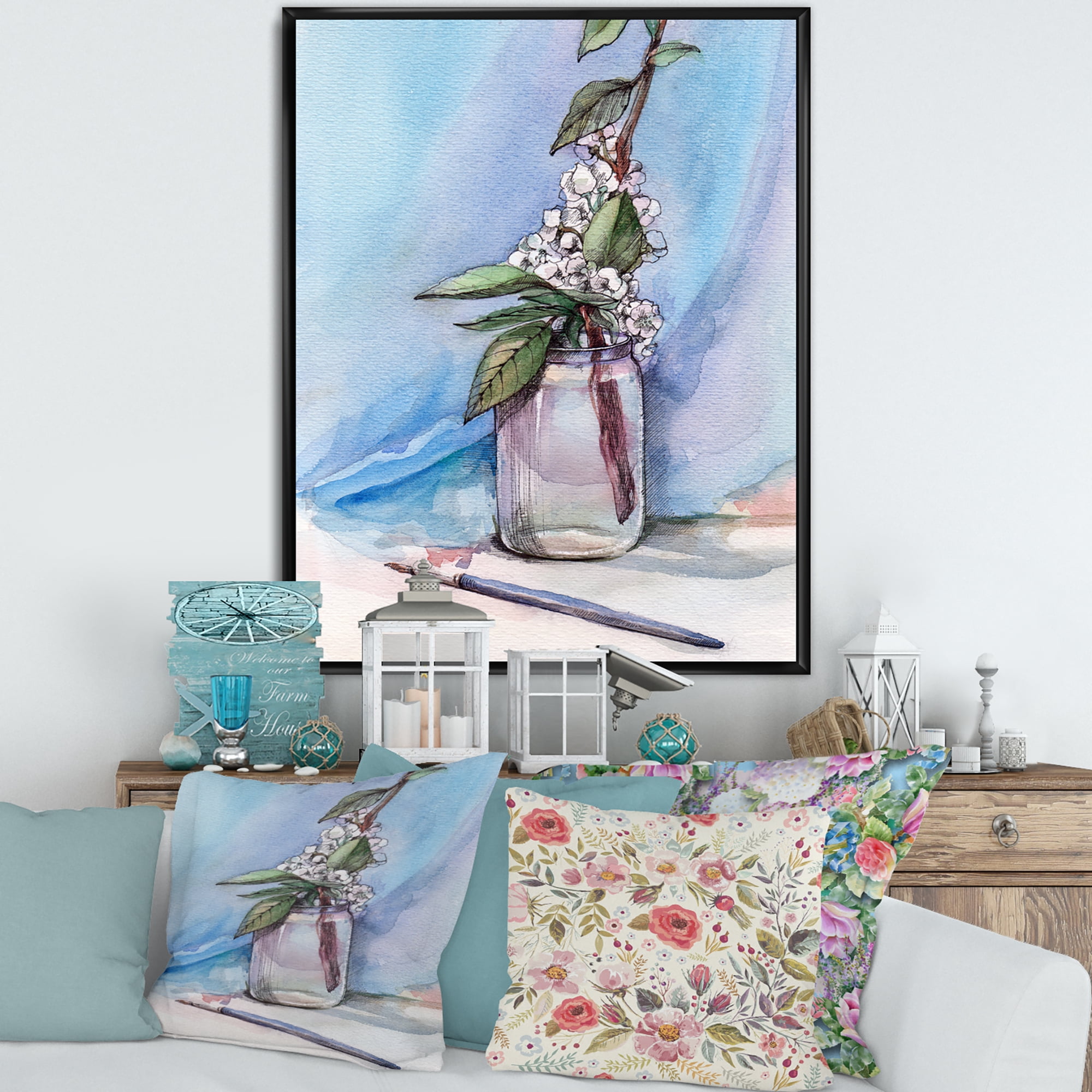 Designart 'Cherry Blossom Flowers In Glass Jar' Farmhouse Framed Canvas Wall Art Print