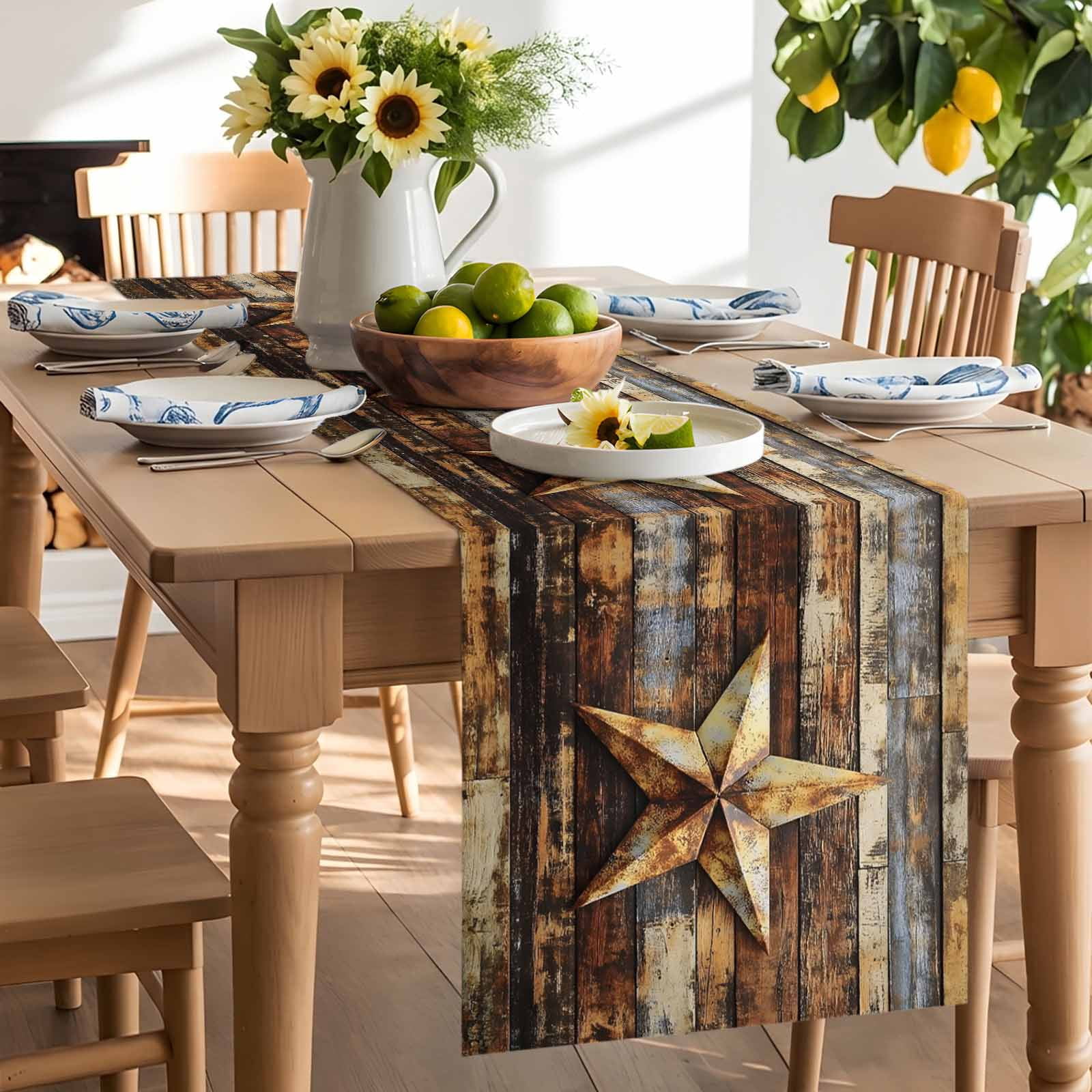 Vintage Texas Star Wood Grain Table Runner 90 Inches Long, Farmhouse Barn Board Table Runners Tabletop Scarf Kitchen Dining Tables Decoration for Home Party Indoor Outdoor