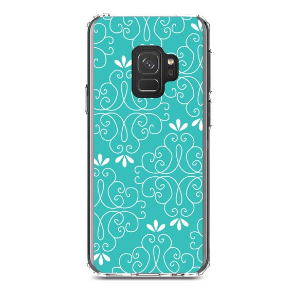 DistinctInk Clear Shockproof Hybrid Case for Samsung Galaxy S9 (5.8" Screen) - TPU Bumper, Acrylic Back, Tempered Glass Screen Protector - Teal White Floral