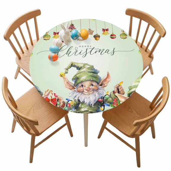 Fitted Round Tablecloth Merry Christmas Elastic Stretch Table Cover,Waterproof Oil Proof Table Cloth for Dinner,Outdoor,Picnic, 45"- 54" DIA Green Christmas Gnome Elf Xmas Balls