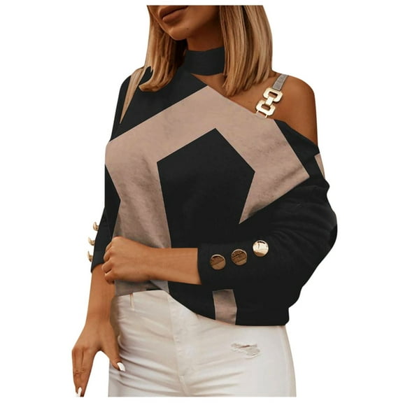 Womens Tops Long Sleeve Shirts Color Block Printed With Chain Button Fall Clothes for Women Tees Blouses Black M