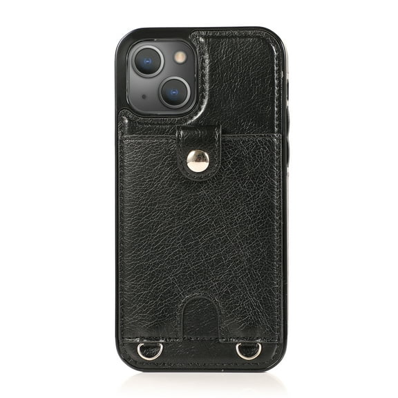iPhone 13 Mini Case 5.4", Crossbody Faux Leather Back Card Holder Detachable Lanyard Adjustable Strap Shockproof Wallet Purse Slim Bag Case for iPhone 13 Mini 2021, Black