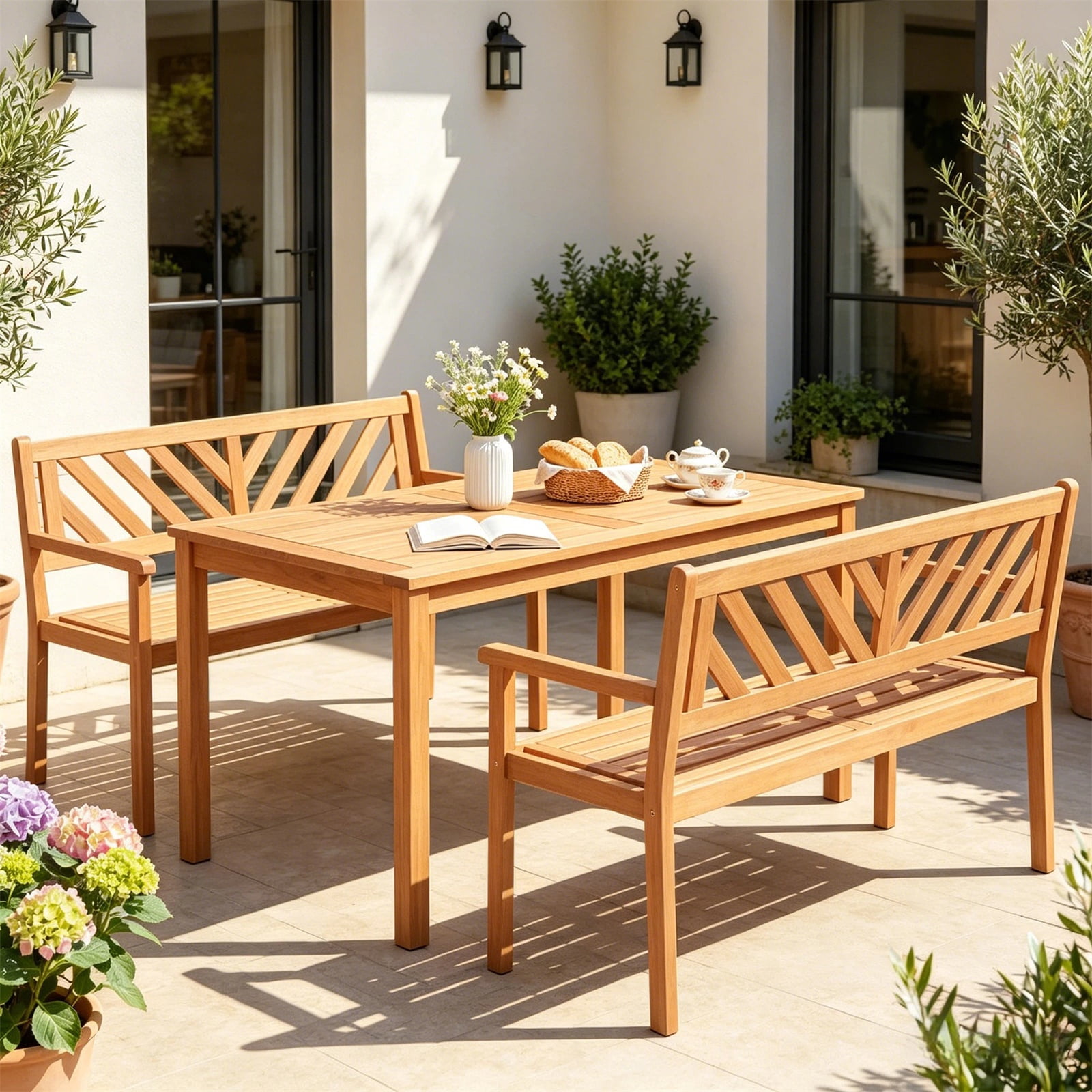 Hommoo 2-Person Patio Wooden Bench, Garden Slatted Loveseat Chair Bench Lounge with Armrests and Backrest for Backyard, Natural