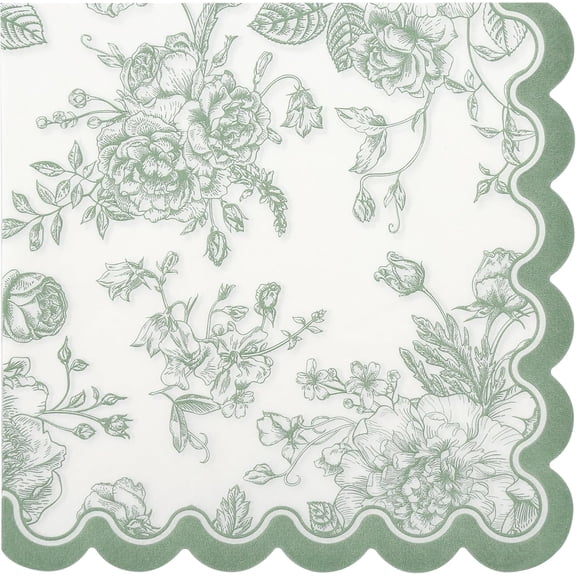 100 Sage Green Floral Paper Napkins Green & White Flowers Disposable Party Napkin 6.5" Scalloped Edge Toile Bouquet Hand Towels for Birthday Bridal Baby Shower Tableware
