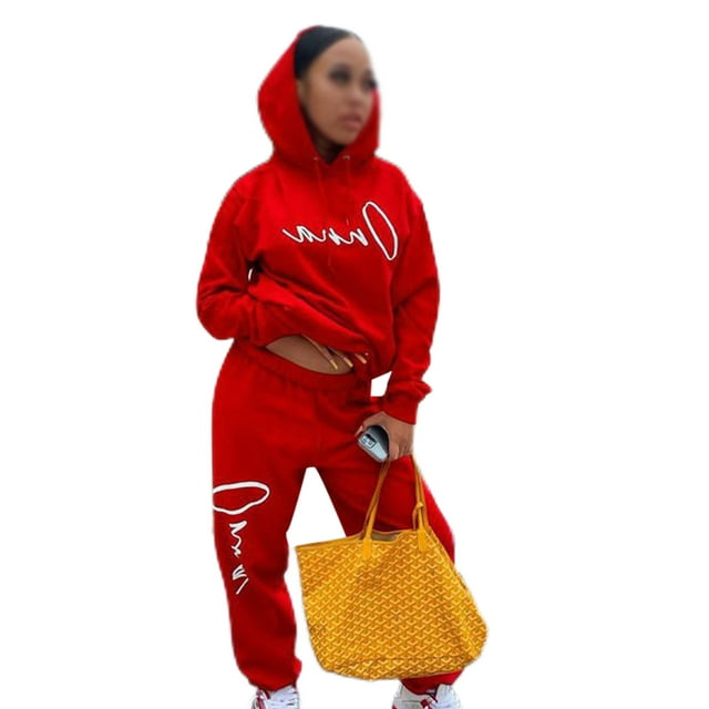 Daeful Ensembles de Survêtements à Capuche Jogger Manches Longues Deux Pièces Tenue de Détente pour Femmes Rouge L