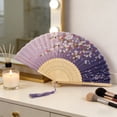 thumbnail image 4 of Oriental Bamboo Folding Hand Fan, Silk Fabric Bamboo Handheld Fan with Tassel, For Church Wedding Gift, Party Favors, DIY Decoration Gift, 15" x 8.3", Chinese Vintage Retro Style, 4 of 6