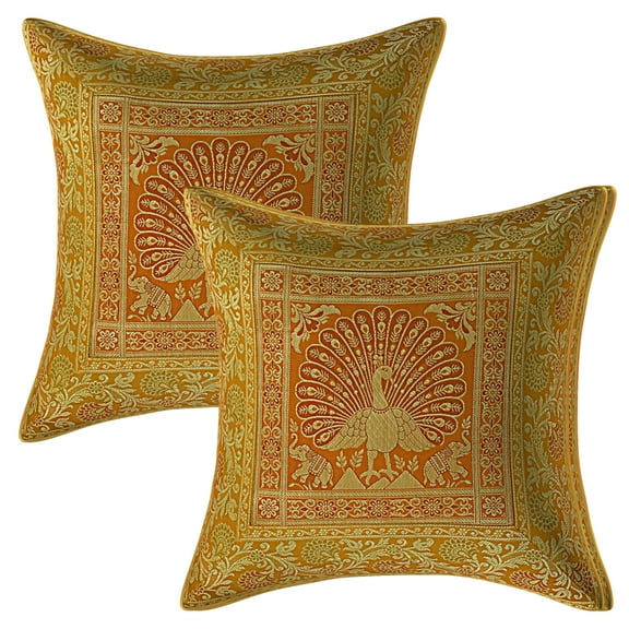 Stylo Culture Ethnic Boho Brocade Mustard Yellow And Gold Throw Pillow Covers 16x16 Jacquard Weave Banarsi Outdoor Holiday Pillow Covers Peacock 40x40 cm Decorative Cushion Covers (Set Of 2)