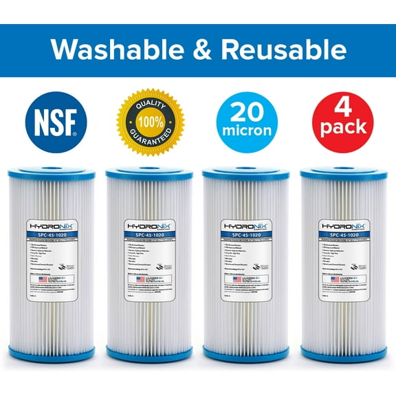 Hydronix SPC-45-1020 Whole House Pleated Sediment Water Filters 4.5" x 10" Reusable - 20 Micron, 4 Pack