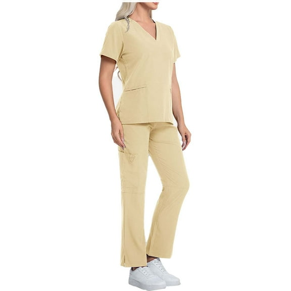 Idoravan Scrubs Sets for Women Women Solid Color Loose Drawstring Pants Pocket Caregiver Short Sleeve V-Neck Blouses Nursing Uniform Set