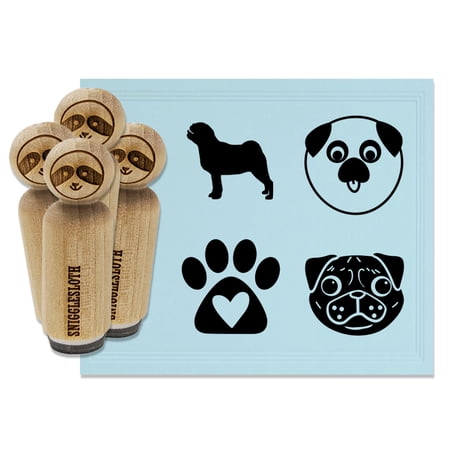 Pug Dog Face Profile Paw Print Heart Love Rubber Stamp Set for Scrapbooking Crafting Stamping - Medium 1 Inch