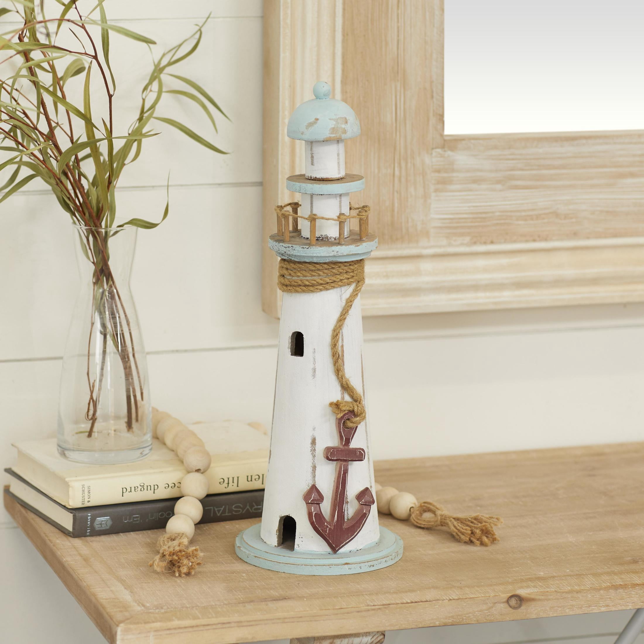 DecMode 6" x 15" White Wood Light House Sculpture