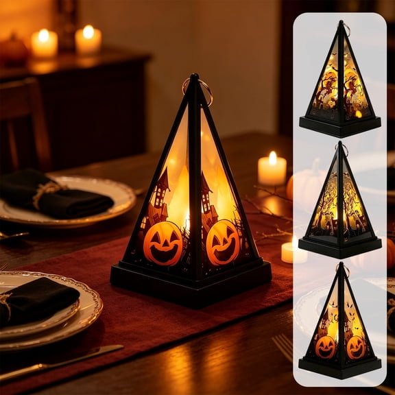 Vintage Halloween Pyramid LED Handheld Wind Lamp, Witch Skull Pumpkin Decor Light, Ambient Tabletop Ornament for Indoor Household Holiday Scene Display