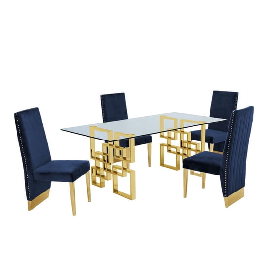 Rectangular Clear Glass 5pc Dining Set with Gold Stainless Steel Base