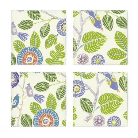 

Linen Cotton Canvas Cocktail Napkins (Set of 4) - Summer Birds Lime Purple Leaves Flowers Whimsical Flowering Branch Tree Mod Floral Animals Spring Print Cloth Cocktail Napkins by Spoonflower