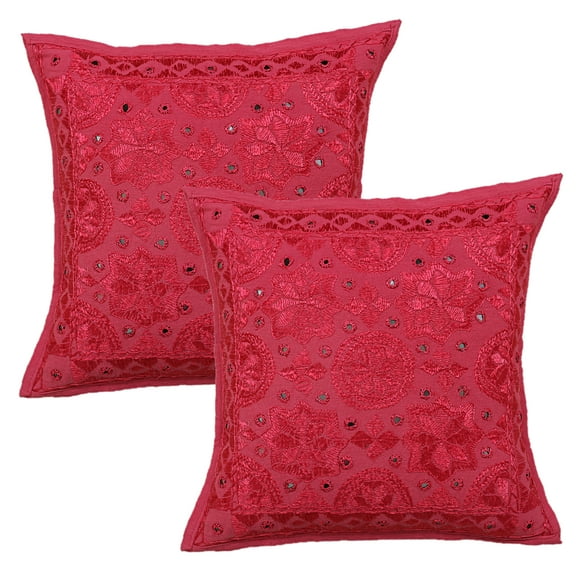 Stylo Culture Ethnic Bohemian Couch Throw Pillow Covers 16 x 16 Hand Embroidered Pink Bohemian 40cm x 40cm Home Decor Cotton Mirrored Square Cushion Covers | Set Of 2