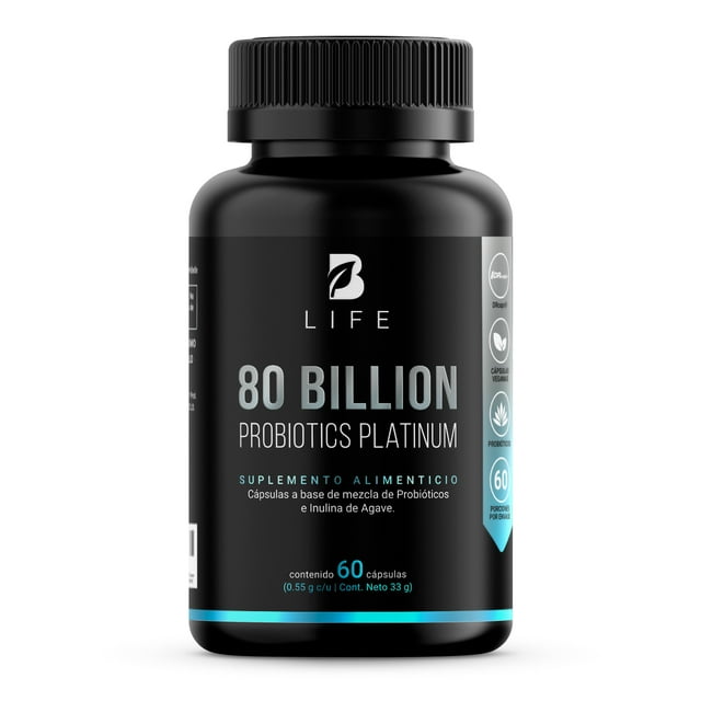 80 Billones de Probióticos 60 Cáp 11 diferentes Cepas. Ingredientes naturales. 80 Billion Probiotics Platinum B Life.