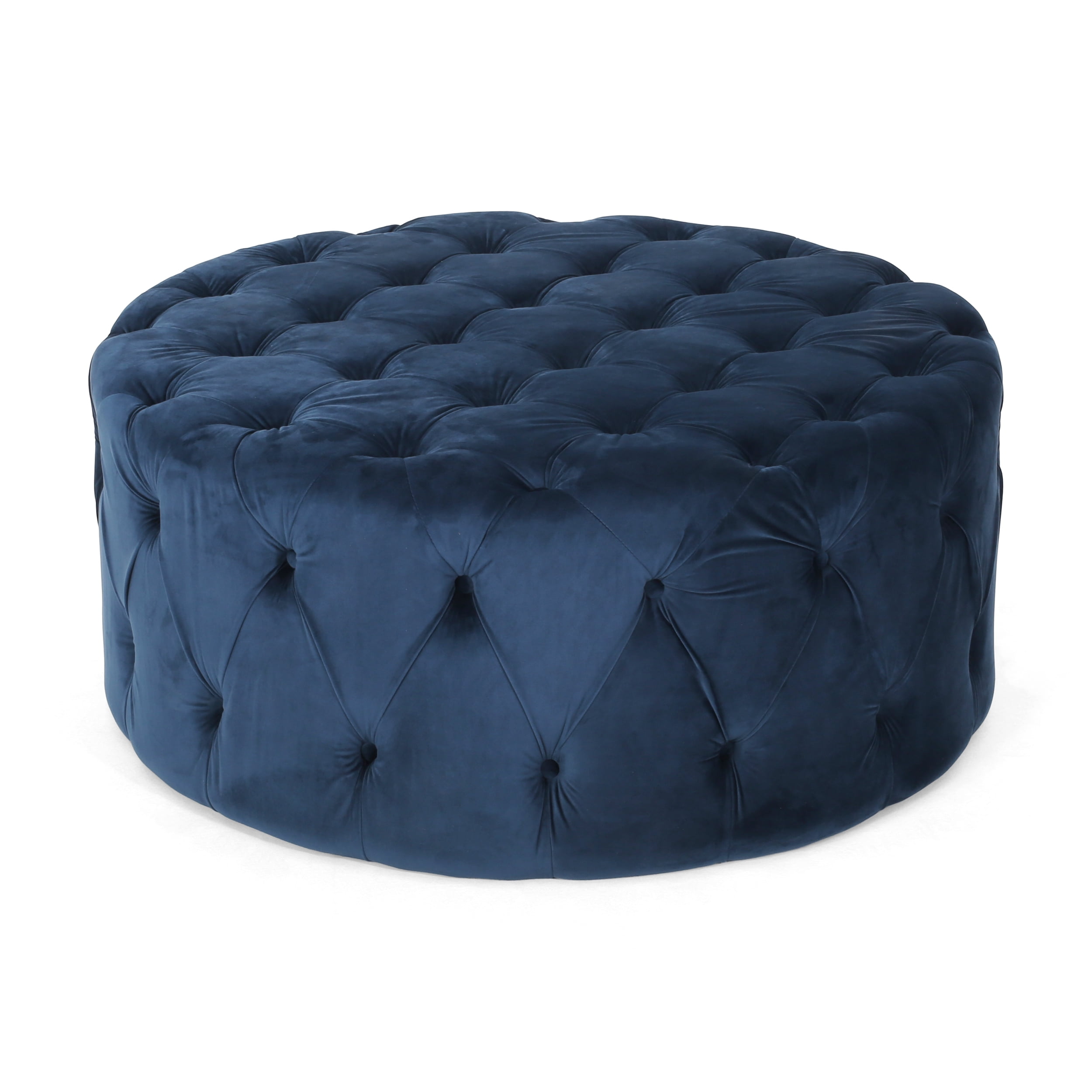 Noble House Vincent Modern Glam Round Tufted Velvet Ottoman, Blue ...