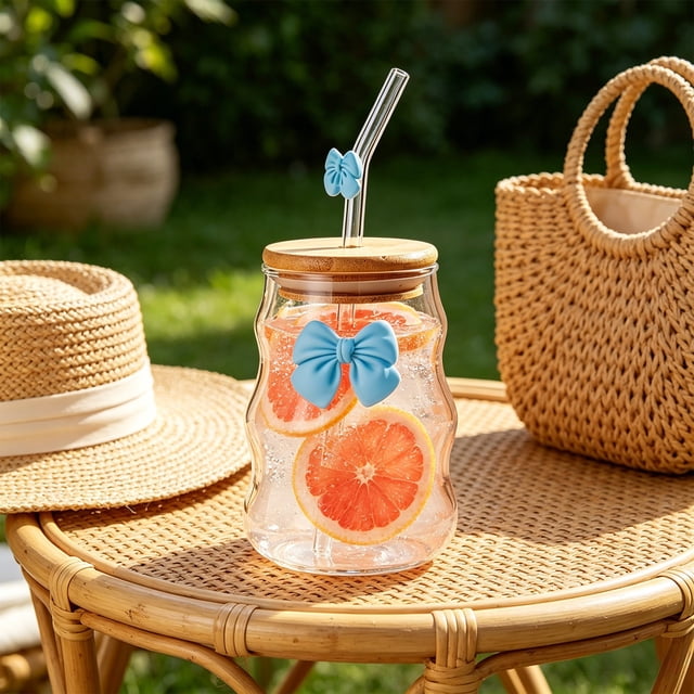 EGNMCR Kitchen Gadgets 450ml Glass Water Cup With Cup Lid And Glass Straw Butterflys Decoration Beverage Cup Coffee Cup Cold Drink Cup Outdoor Or Home Office Drinking Cup glass water cup