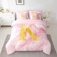 thumbnail image 2 of Homewish Pink Gold Monogrammed K Bedding Comforter Set 7 Pieces, Marbling Artwork Abstract Full Bedding Set, Rose Flower Print Reversible Fitted Sheet Flat Sheet, Microfiber Bedroom Decor, 2 of 7