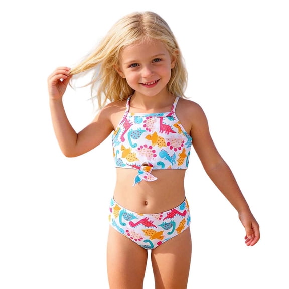 Tisuna Toddler Swimsuit Set For Girls Dinosaur Print Sleeveless Suspender Tankini Tops And Bottoms Set Fashion Cute Infant Girls Summer Bathing Suit White Size 2-3 Years