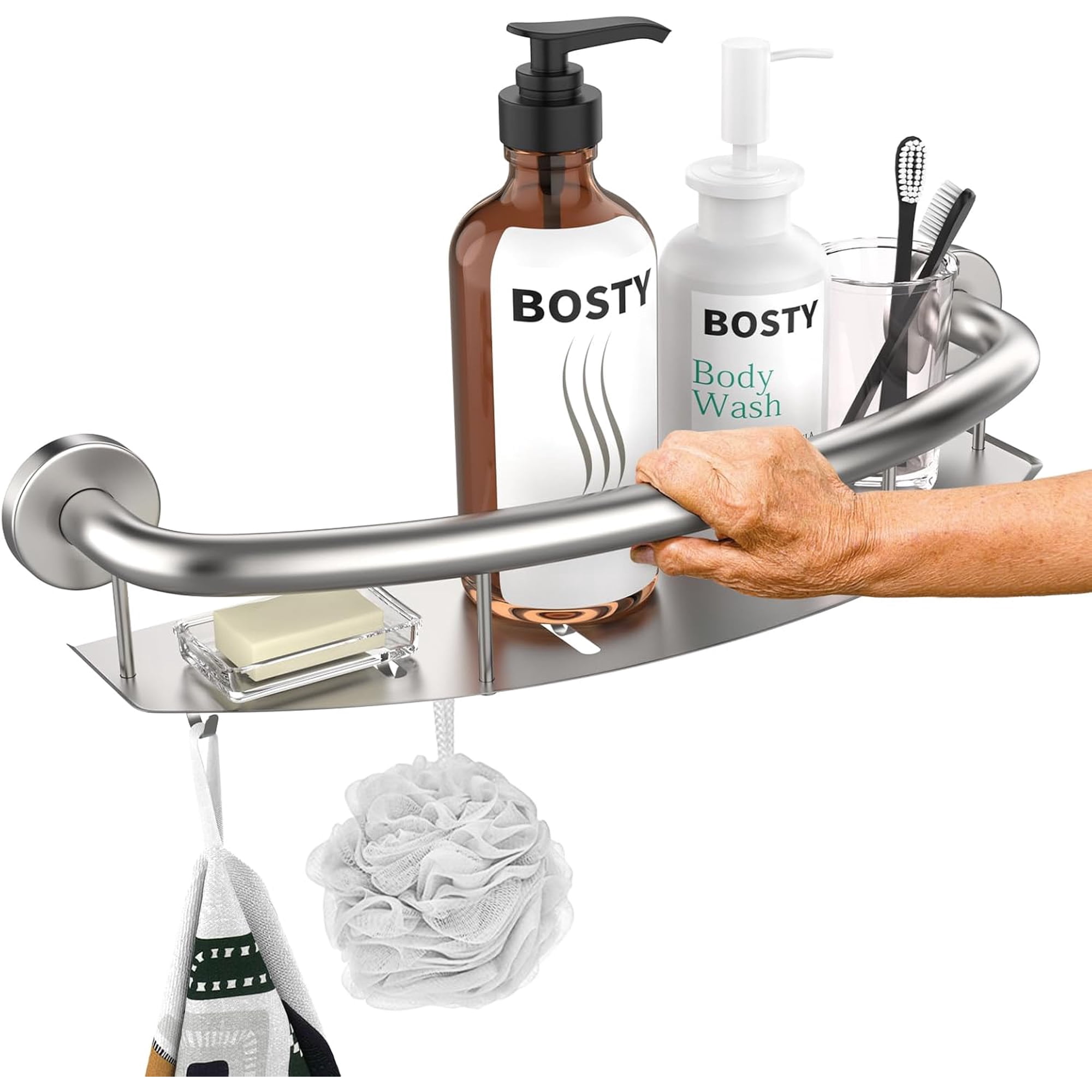 Satin Brushed Nickel Shower Grab Bar w/Storage Shelf 18 Inch, Stainless Steel 2-in-1 Shampoo Shelf Grab Bar, Wall Mount Safety Balance Bar for Bathroom Support Handrail Assist Handle for Senior