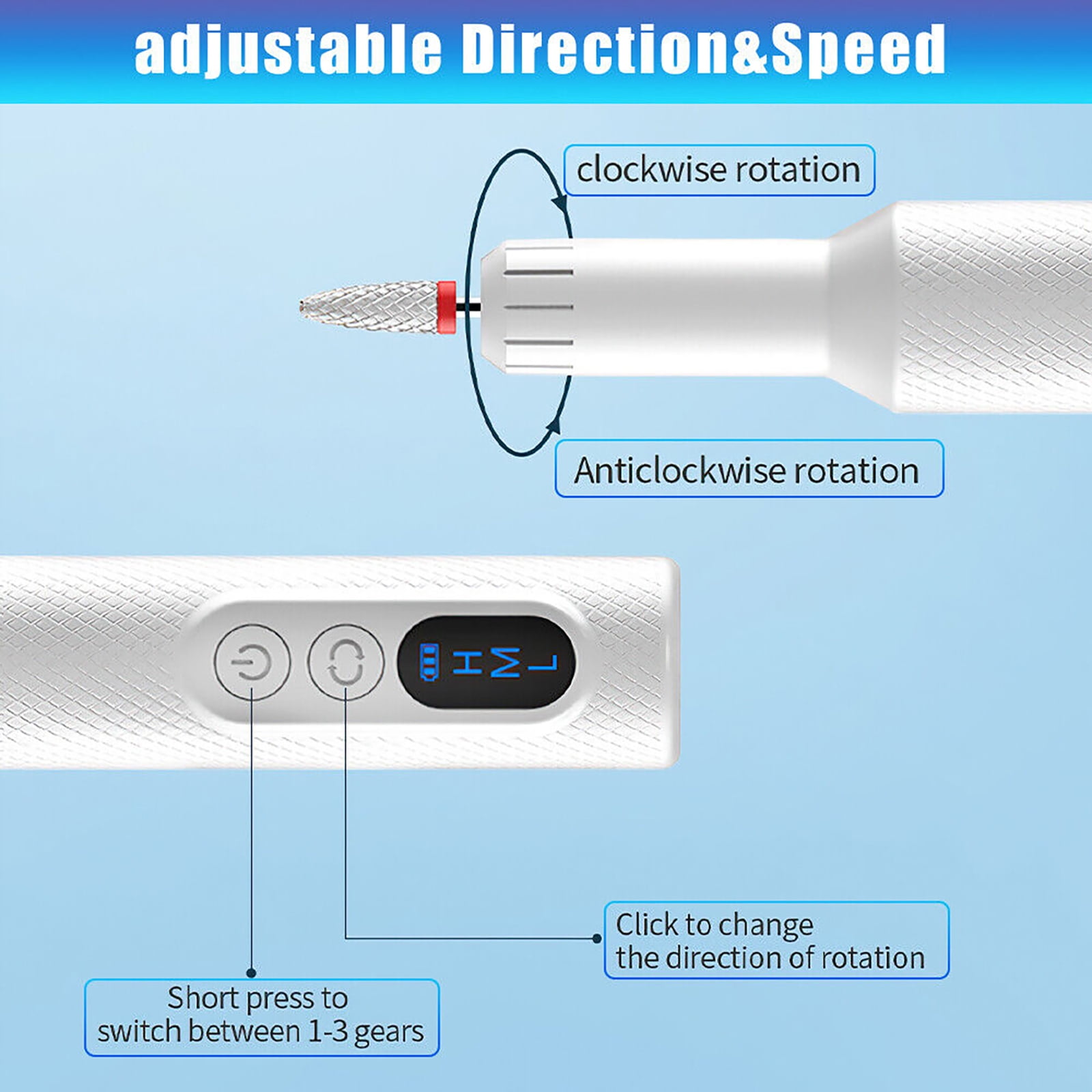Salon-Quality Cordless Nail Drill Versatile Charging Options LED Display 3 Adjustable Speeds & Forward/Reverse Function