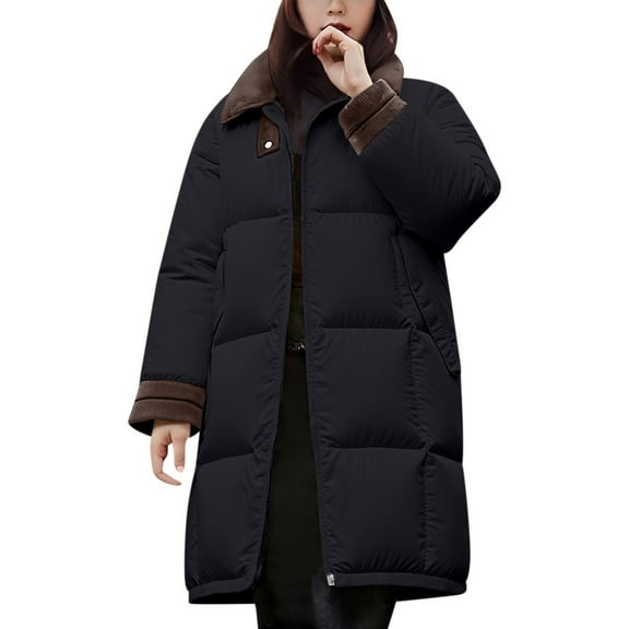 Breezora Women Longline Corduroy Collar Puffer Coat Quilted Warm Winter Jacket Casual Elegant L Size Black