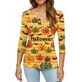 thumbnail image 4 of Abcomgle Halloween T-Shirts for Women Cute Striped Pumpkin Bat Graphic Tshirts for Women Fall Henley V Neck 3/4 Sleeve Top for Women Trendy Halloween Clothes for Women,2XL, 4 of 4