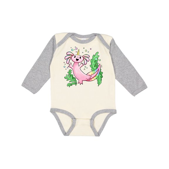 Inktastic Axolotl Unicorn with Rainbow Tail, Bubbles and Seaweed. Boys or Girls Long Sleeve Baby Bodysuit