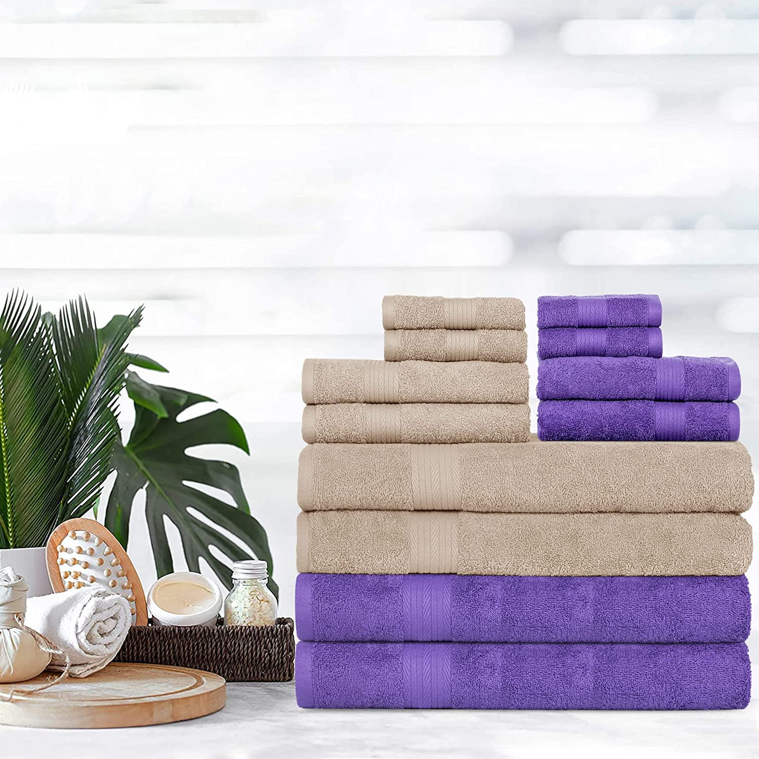 Ample Décor Bathroom Towel Set of 12- 4 Bath Towel, 4 Hand Towel, 4 Washcloths - Machine Washable - Beige & Black