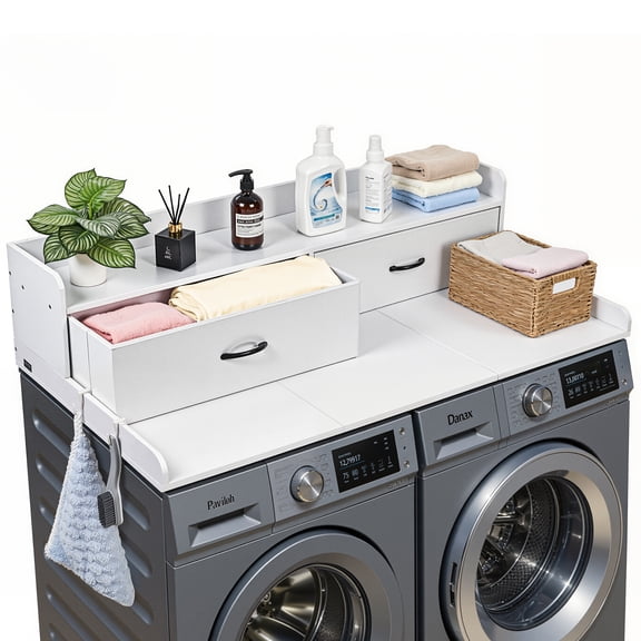 VEVOR Washer Dryer Countertop with Shelf, 54 x 27.5 in Wooden Washer and Dryer Topper with 2 Drawers & 2 Hooks, Laundry Machine Topper for Laundry Closet Pantry Counter Organization and Storage,White