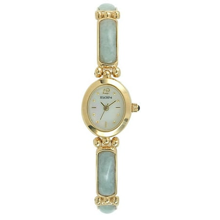 Ladies Goldtone and Genuine Jade Bracelet Watch, Mother of Pearl Dial