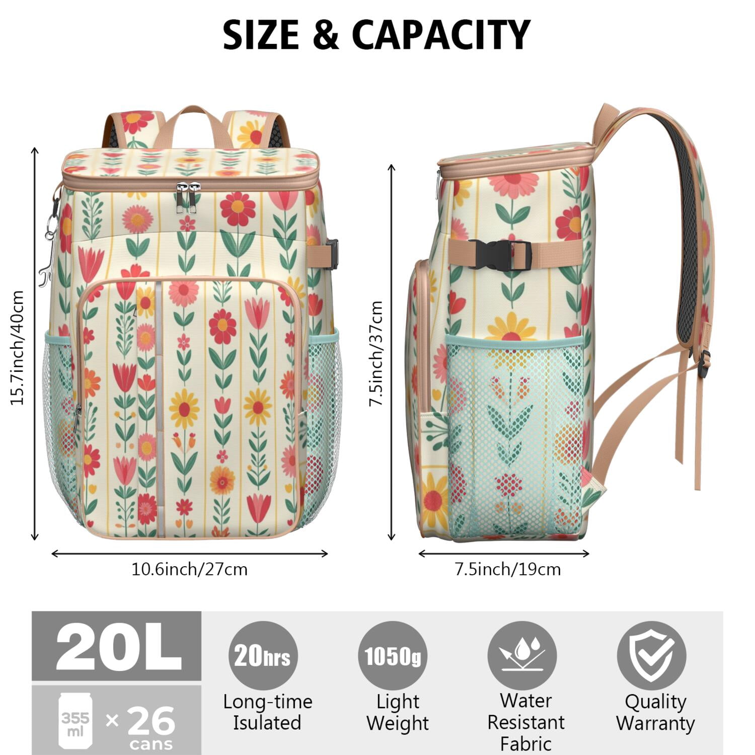 Travel Cooler Bag - Pioneer Flower Floral Print Pattern Camping Beer Cooler Backpack with Bottle Opener- Waterproof Insulated Picnic Backpacks - Cooler Bag for Beach