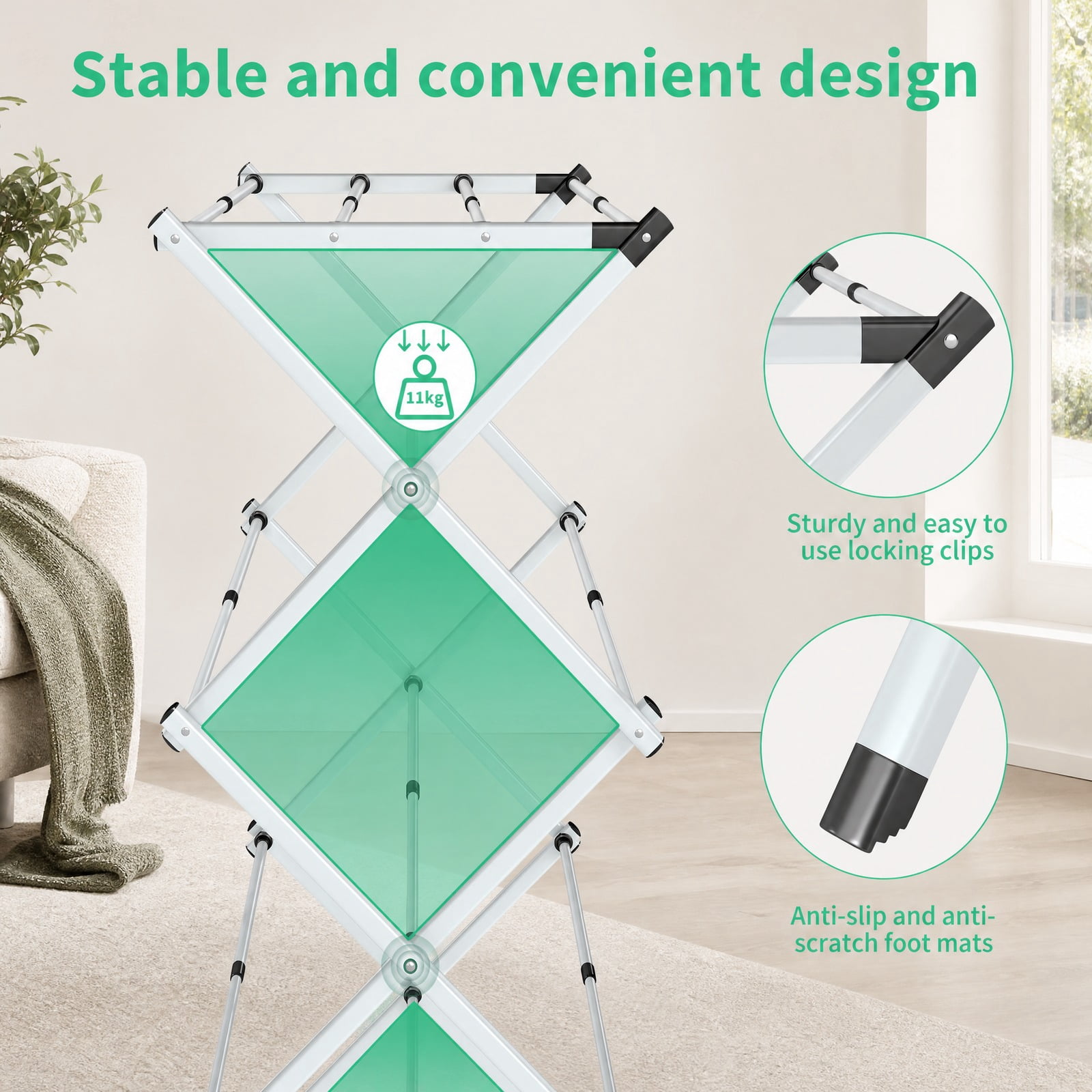 Fenbeli 3-Tier Clothes Drying Rack, White Foldable Steel Laundry Stand with 11 Drying Rods, Space-Saving Design for Indoor and Outdoor Use