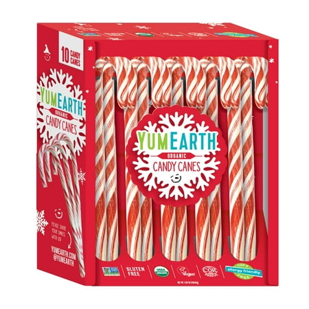 YumEarth Organic Candy Cane, Peppermint, Gluten Free, Shelf-Stable, 10 Count Box