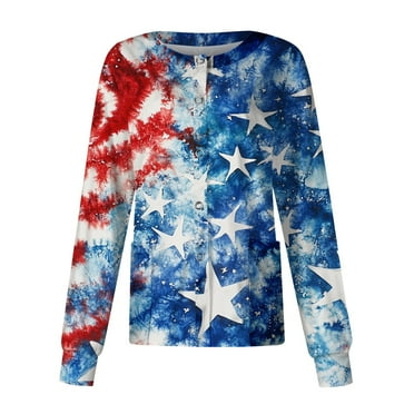 SAATLERI Plus Size Scrub Jackets Women 4th of July American Flag Print Nursing Uniforms Funny Star Stripes Red White Blue Long Sleeve Jacket Workwear Scrubs for Women