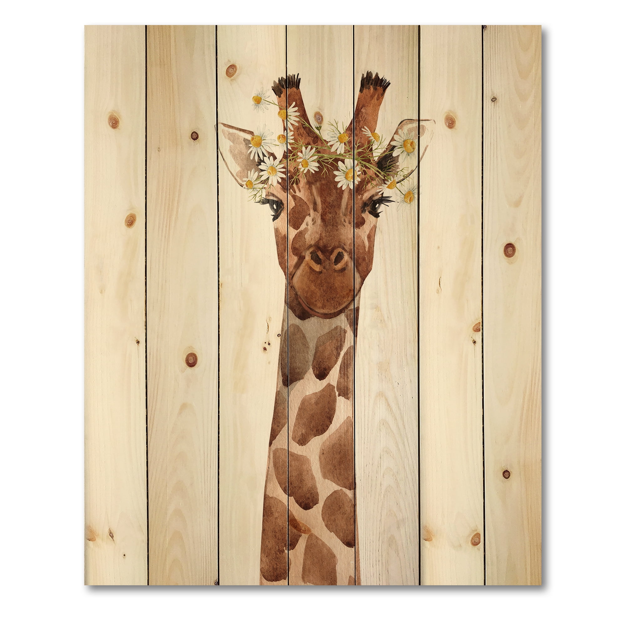 Designart 'Portrait of A Giraffe With White Flowers' Farmhouse Print on Natural Pine Wood