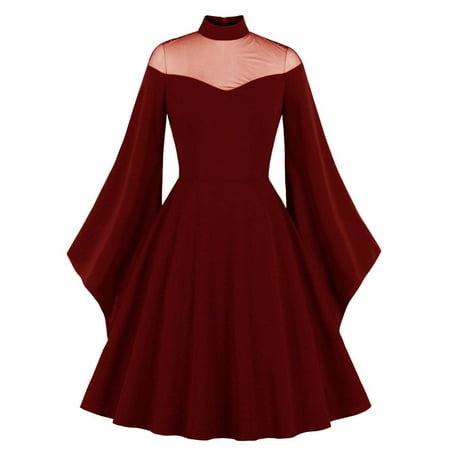 ylioge Womens Fall Dresses Gothic Retro Elegant Off Shoulder Dress Casual Lace Mesh Long Puff Sleeve Mock V Neck High Waist with Swing Pleated Hem Solid Color Black Formal Midi Dress