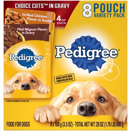 (2 Pack) PEDIGREE CHOICE CUTS in Gravy Grilled Chicken Flavor in Sauce & Filet Mignon Flavor in Gravy Adult Wet Dog Food Variety Pack, (8) 3.5 oz.