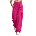 thumbnail image 2 of Womens High Waisted Cargo Pants Loose Fit Straight Leg Y2K Parachute Pants with Pockets for Hiking Streetwear Summer Fall,Hot Pink,M, 2 of 8