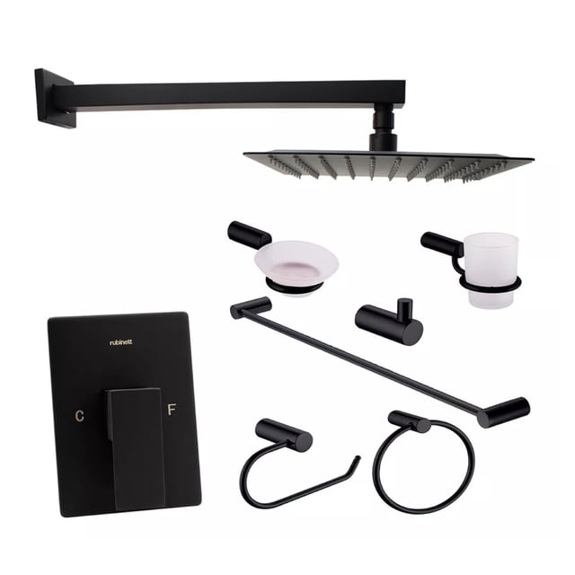 Juego Baño Cuadrado Regadera 20cm Monomando 8 Piezas Negro Lujo