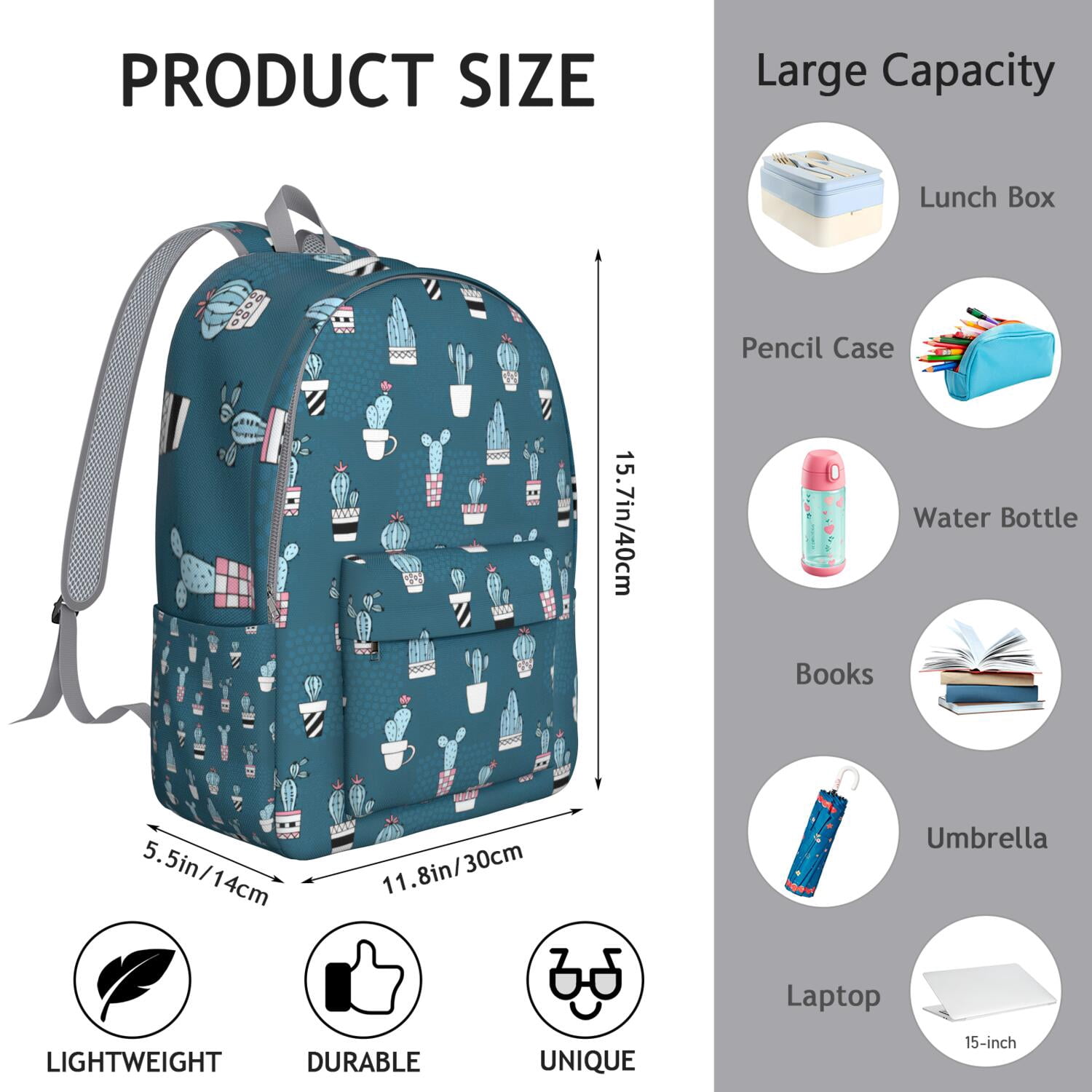 Cute Kawaii Cactus Backpack, Lightweight School Bag with Boho Southwestern Succulent Watercolor Design