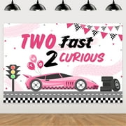 Two Fast Two Curious Birthday Decoration Girl, Race Car 2nd Birthday Decorations Backdrop for Girls Birthday Party