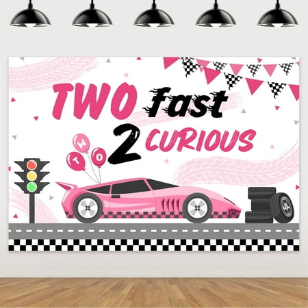 Two Fast Two Curious Birthday Decoration Girl, Race Car 2nd Birthday Decorations Backdrop for Girls Birthday Party