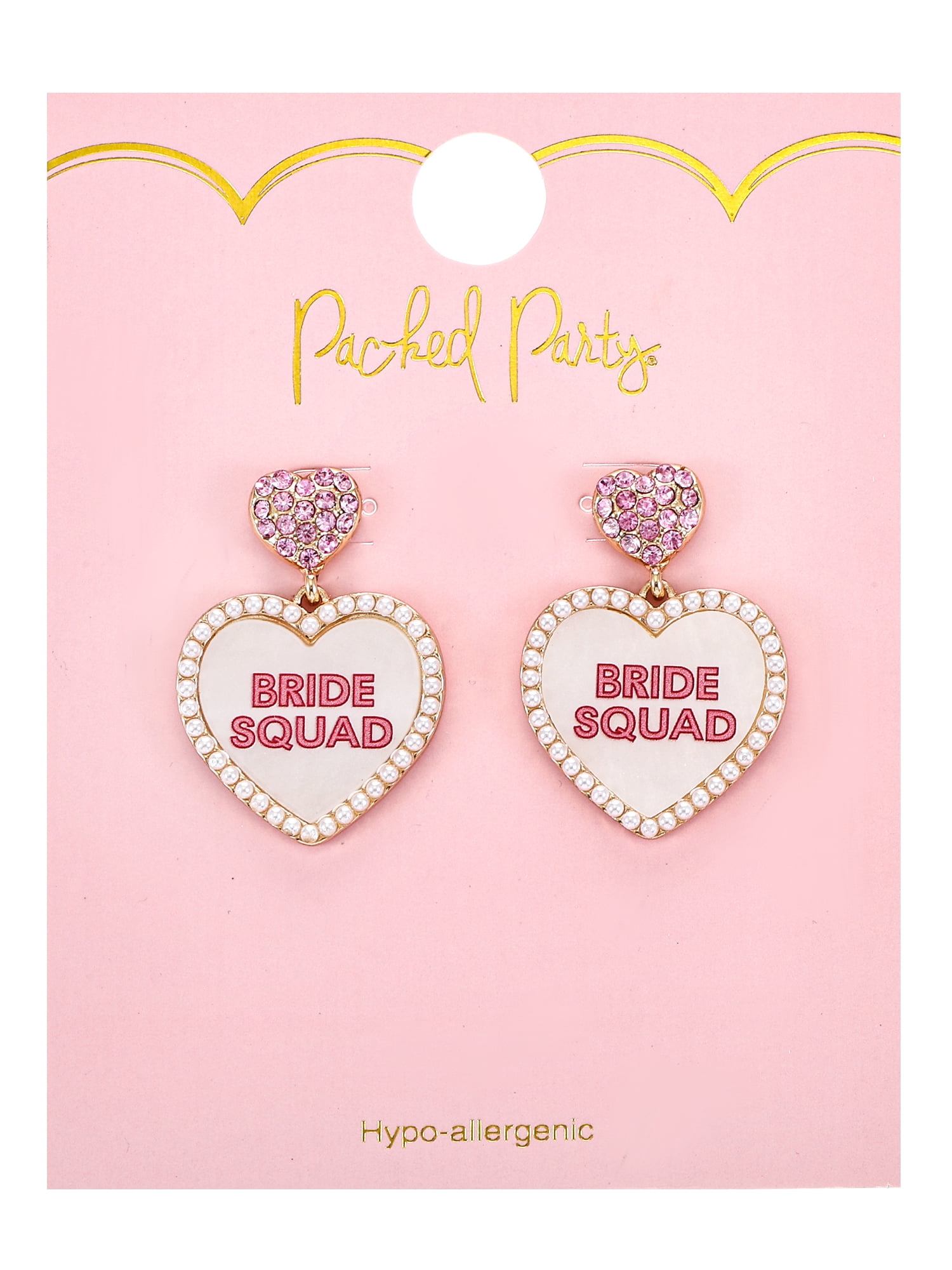 Packed Party Goldtone Bride Squad Heart Earrings, Female, Bridal Theme, 1 Pair