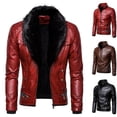 thumbnail image 4 of Chaqueta de cuero de motocicleta resistente al viento gruesa de algodón con remaches y cuello de piel desmontable estilo punk para hombre, 4 of 5