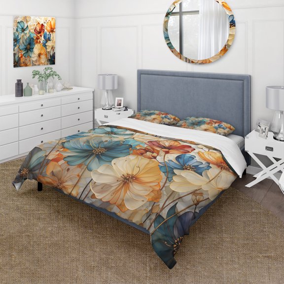 Designart "Blue Orange Petal Mosaics II" Abstract Botanicals Bedding Covert Set - Modern Teal Abstract Bed Set With 2 Shams