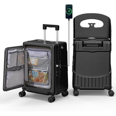 20" Hardshell Carry On Suitcase with Child Seat, Black Travel Luggage with Front Compartment & 4 Lockable Spinner Wheels, TSA Lock, USB Port, Luggage Cover, Safty Seatbelt